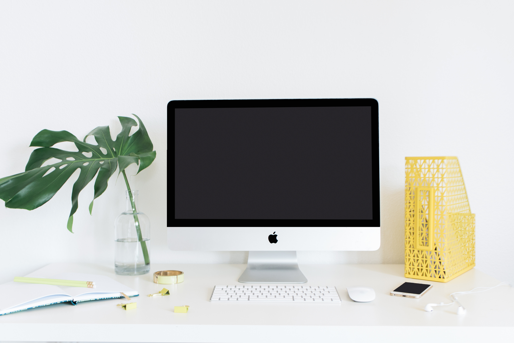 Work Desk With Computer, Plant and Smartphone